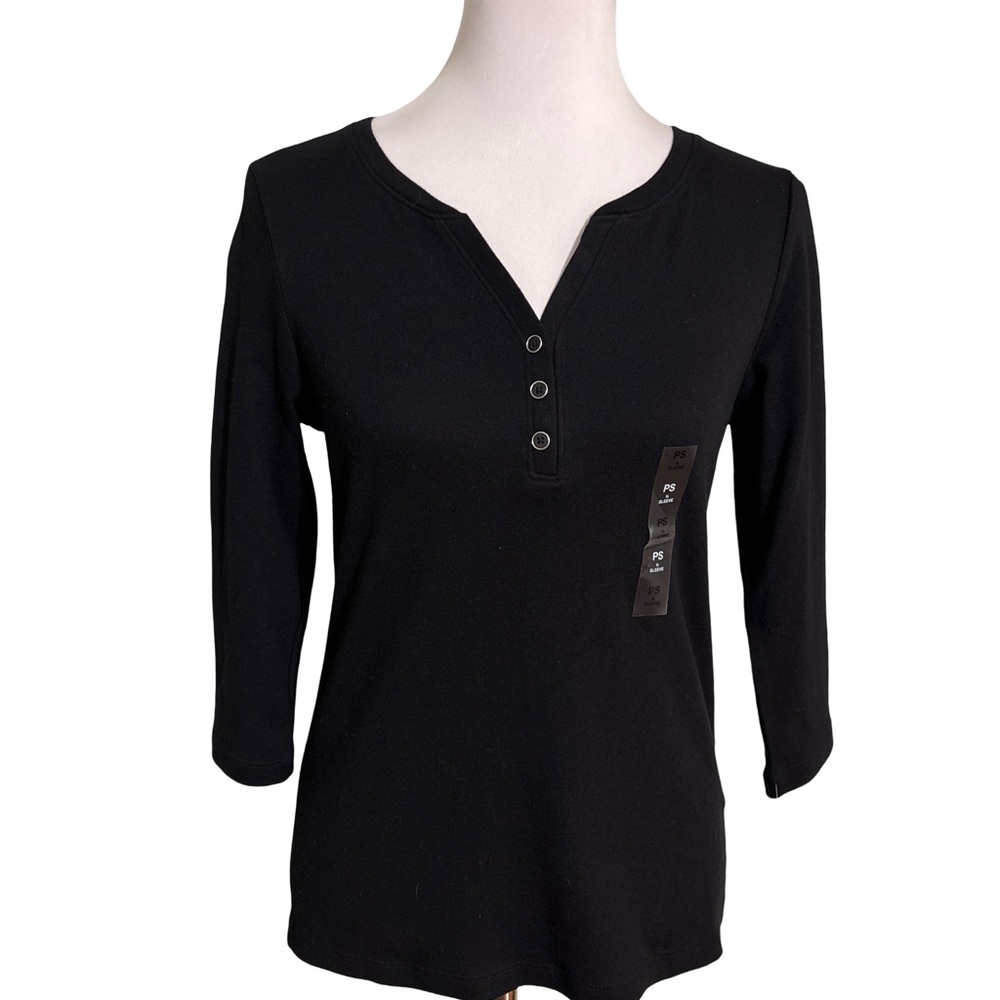 Karen Scott Black Long Sleeve Button Detail Top